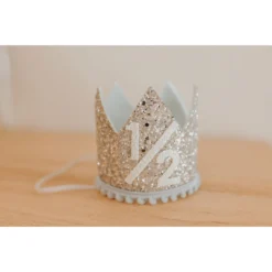 Cutest Little Party # 1/2 Silver Glitter + Baby Blue Pom Trim + White Glitter Crown Party Time