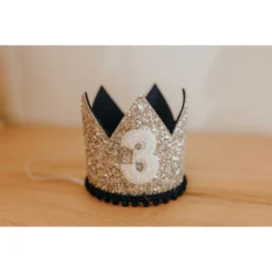 Cutest Little Party # 3 Silver Glitter + Navy Pom Trim + White Glitter Crown Party Time