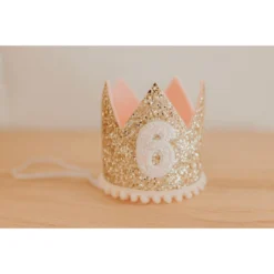Cutest Little Party # 6 Gold Glitter + Blush Pom Trim + White Glitter Crown Party Time
