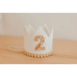 Cutest Little Party Party Time # 2 White Glitter + Toast Pom Trim/white Lining + Rose Gold/toast Felt Crown