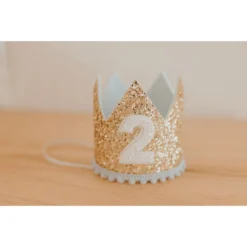 Cutest Little Party # 2 Gold Glitter + Baby Blue Pom Trim + White Glitter Crown Party Time