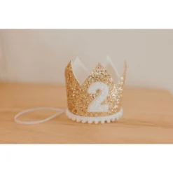 Cutest Little Party # 2 Gold Glitter + White Pom Trim + White Glitter Crown Party Time