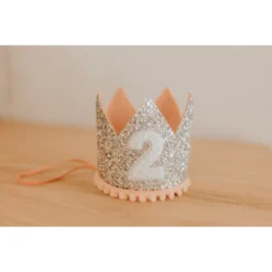 Cutest Little Party # 2 Silver Glitter + Blush Pom Trim + White Glitter Crown