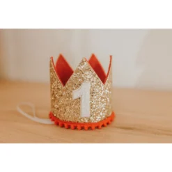 Cutest Little Party Party Time # 1 Gold Glitter + Red Pom Trim + White Glitter Crown