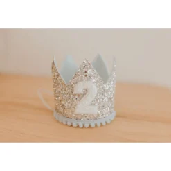 Cutest Little Party # 2 Silver Glitter + Baby Blue Pom Trim + White Glitter Crown