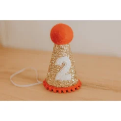 Cutest Little Party Party Time # 2 Gold Glitter + Red Pom Trim + White Glitter Party Hat