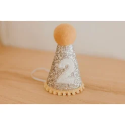 Cutest Little Party # 2 Silver Glitter + Mustard Pom Trim + White Glitter Party Hat Party Hats