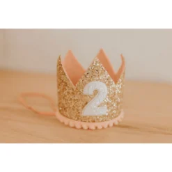 Cutest Little Party Party Time # 2 Gold Glitter + Blush Pom Trim + White Glitter Crown