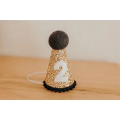 Cutest Little Party # 2 Gold Glitter + Navy Pom Trim + White Glitter Party Hat