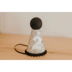 Cutest Little Party # 2 Silver Glitter + Black Pom Trim + White Glitter Party Hat Party Time