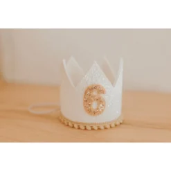 Cutest Little Party # 6 White Glitter + Toast Pom Trim/white Lining + Rose Gold/toast Felt Crown Party Time