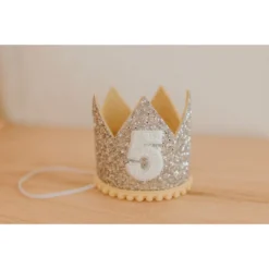 Cutest Little Party # 5 Silver Glitter + Mustard Pom Trim + White Glitter Crown Party Time