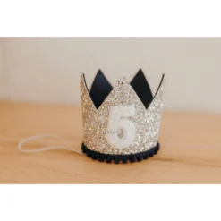 Cutest Little Party # 5 Silver Glitter + Navy Pom Trim + White Glitter Crown