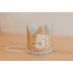Cutest Little Party # 5 Gold Glitter + Baby Blue Pom Trim + White Glitter Crown