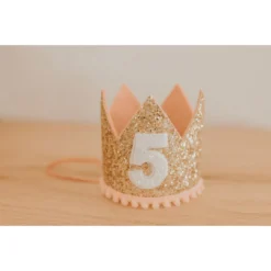 Cutest Little Party # 5 Gold Glitter + Blush Pom Trim + White Glitter Crown Party Time