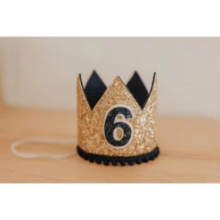 Cutest Little Party # 6 Gold Glitter + Black Pom Trim + Black Glitter Crown Party Time