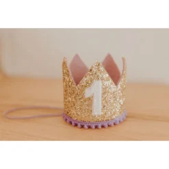 Cutest Little Party # 1 Gold Glitter + Lilac Pom Trim + White Glitter Crown