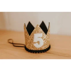 Cutest Little Party Party Time # 5 Gold Glitter + Black Pom Trim + White Glitter Crown