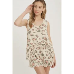 J+j Sets Leopard Beige Tank Lounge Set