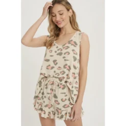 J+j Sets Leopard Beige Tank Lounge Set