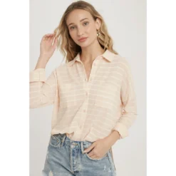 J+j Peach Stripe Burnout Button Up Knit Shirt