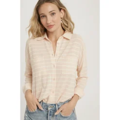J+j Peach Stripe Burnout Button Up Knit Shirt