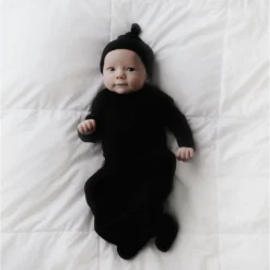 Three Little Tots Preemie + Newborn Black Ribbed Knotted Gown