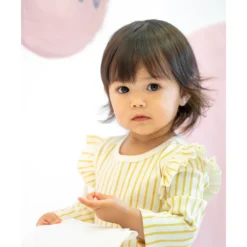 Pehr Marigold Stripe Ruffle Long Sleeve Onesie