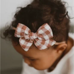 Mae + Skye Toffee Check Mini Pinwheel Bow Nylon Headband Headwear
