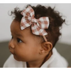 Mae + Skye Toffee Check Mini Pinwheel Bow Nylon Headband Headwear