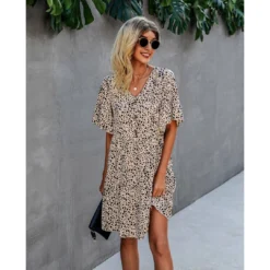 J+j Beige Animal Print Button Dress