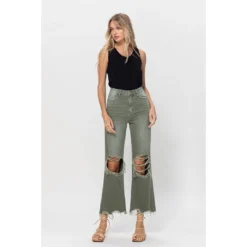 J+j Army Green Cropped Flare Jeans Jeans + Pants
