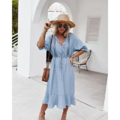 J+j Dresses Light Blue Crochet Detail Puff Sleeve Dress