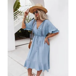 J+j Dresses Light Blue Crochet Detail Puff Sleeve Dress