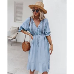 J+j Dresses Light Blue Crochet Detail Puff Sleeve Dress