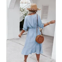 J+j Dresses Light Blue Crochet Detail Puff Sleeve Dress