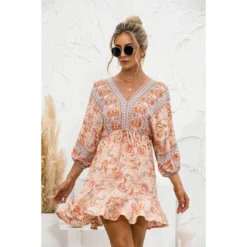 J+j Orange Floral Ruffle Hem Boho Dress Dresses