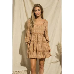 J+j Camel Side Cut Out Leopard Print Dress Dresses