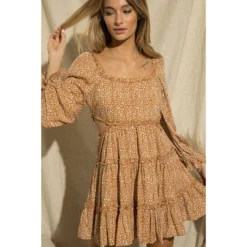 J+j Camel Side Cut Out Leopard Print Dress Dresses