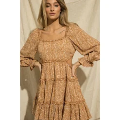 J+j Camel Side Cut Out Leopard Print Dress Dresses