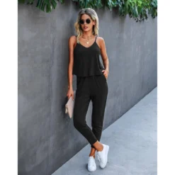J+j Sets Black Solid Cami + Pants Set