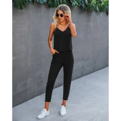 J+j Sets Black Solid Cami + Pants Set