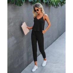 J+j Sets Black Solid Cami + Pants Set