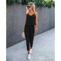 J+j Sets Black Solid Cami + Pants Set