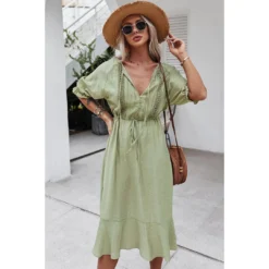 J+j Dresses Green Crochet Detail Puff Sleeve Dress