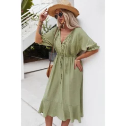 J+j Dresses Green Crochet Detail Puff Sleeve Dress