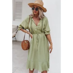 J+j Dresses Green Crochet Detail Puff Sleeve Dress