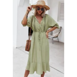 J+j Dresses Green Crochet Detail Puff Sleeve Dress