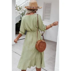 J+j Dresses Green Crochet Detail Puff Sleeve Dress