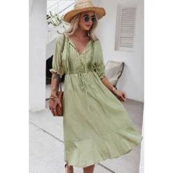 J+j Dresses Green Crochet Detail Puff Sleeve Dress